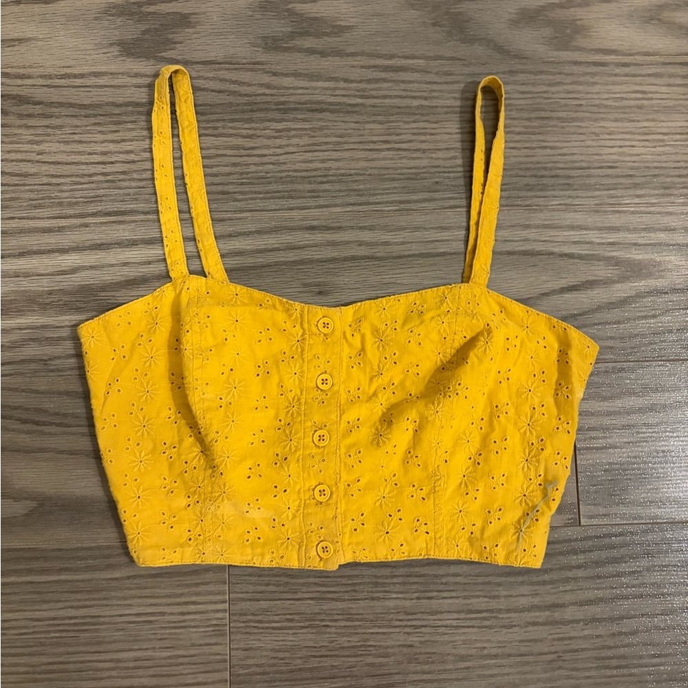 Garage Yellow Eyelet Button-Up Crop Top
